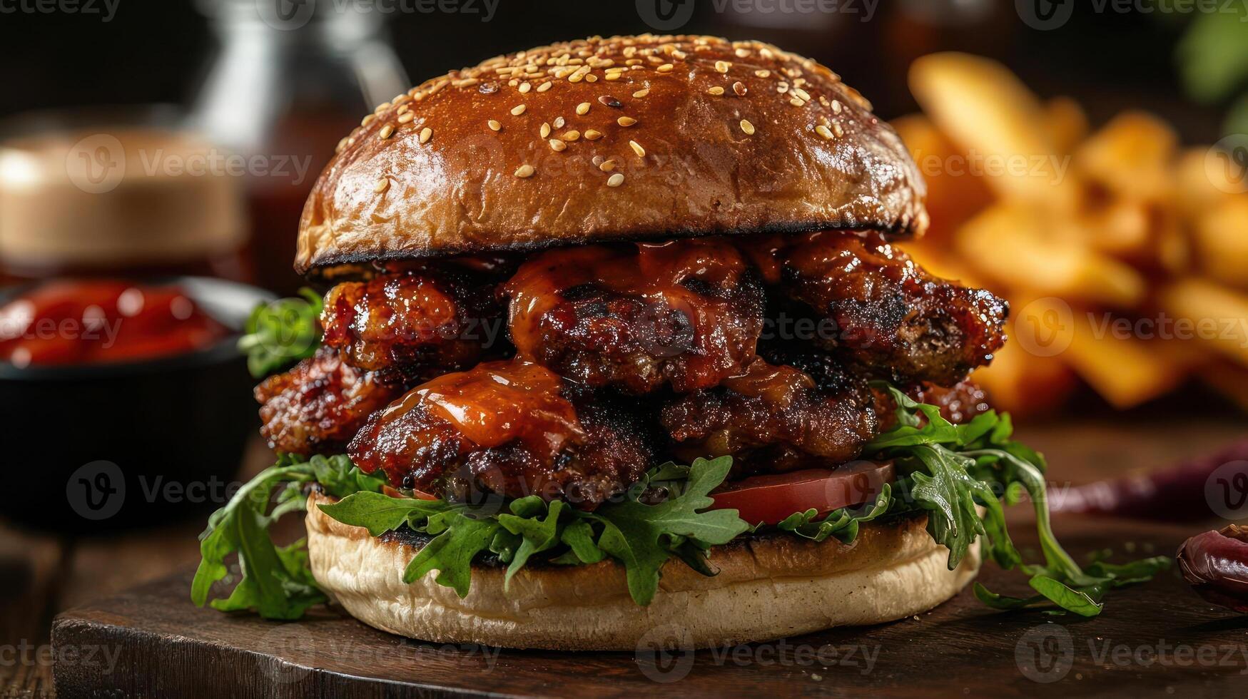 A large burger with a sesame seed bun, lettuce, tomato, and meat patty on a wooden table photo