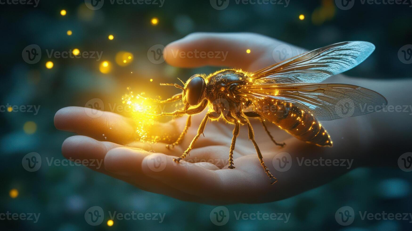 A firefly rests in the palm of a hand photo