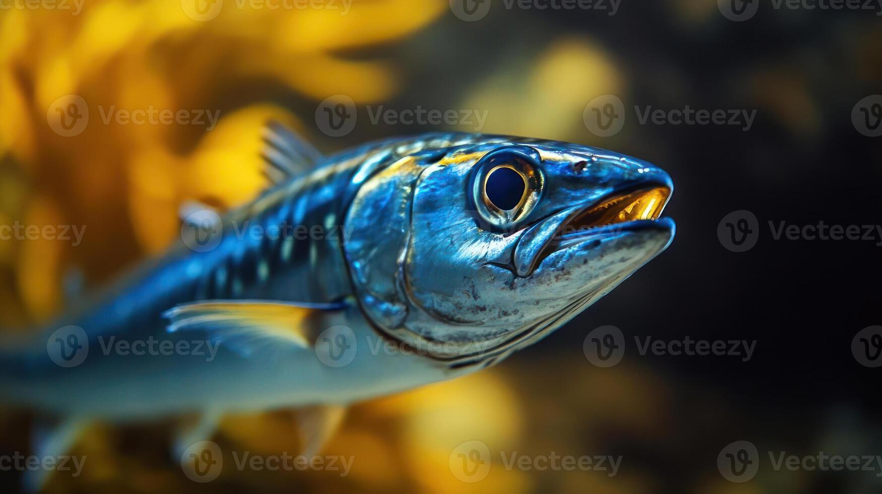 A close-up of a blue fish with an open mouth. photo