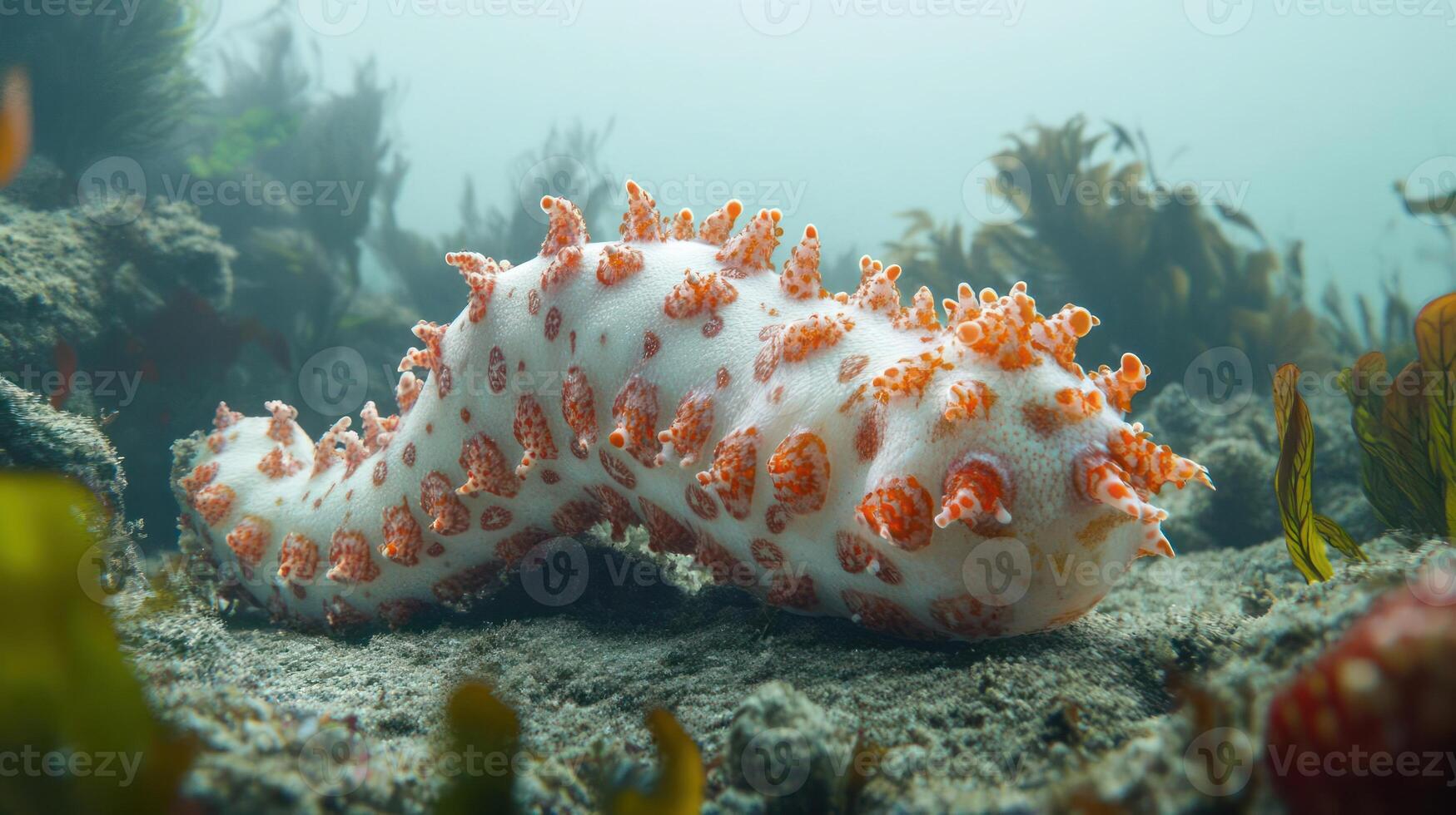 A large white and orange sea starfish on a sandy ocean floor photo