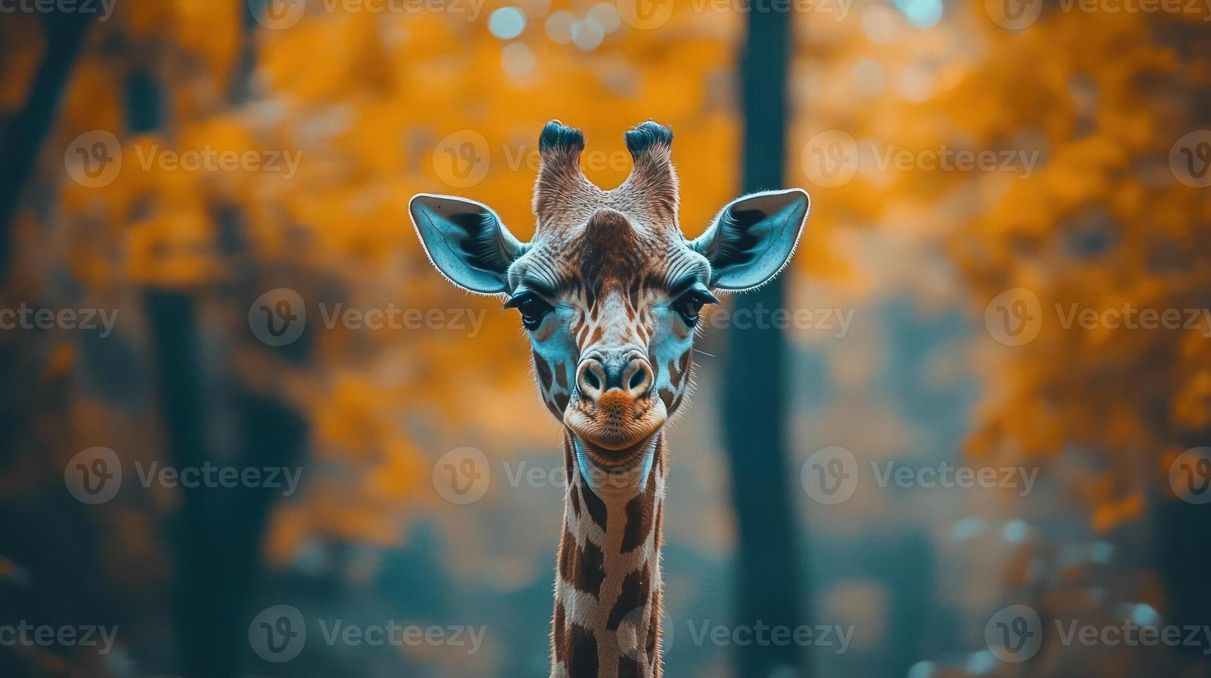 A giraffe stands amidst vibrant autumn foliage photo