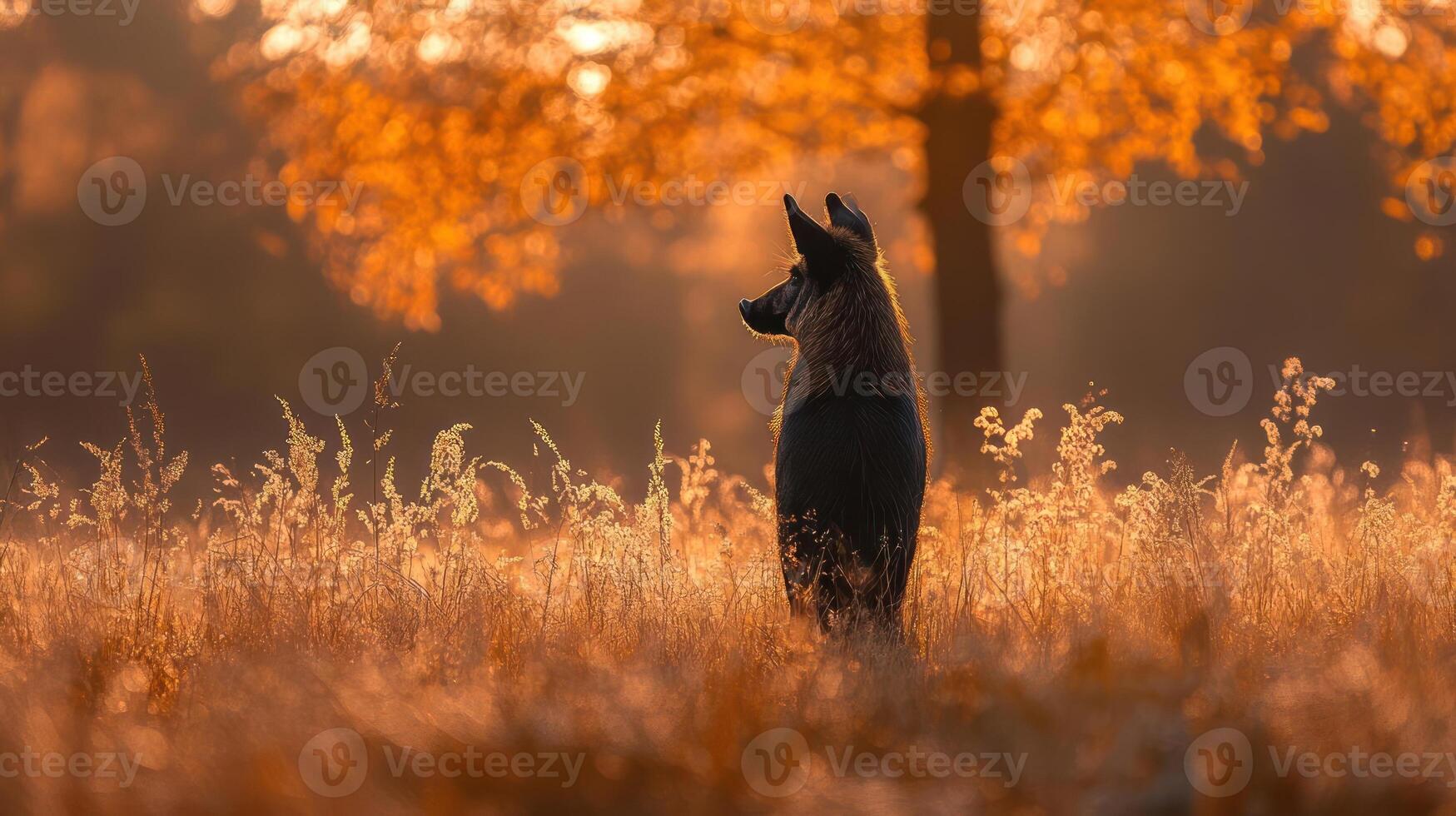 African wild dog standing in a field of tall grass photo