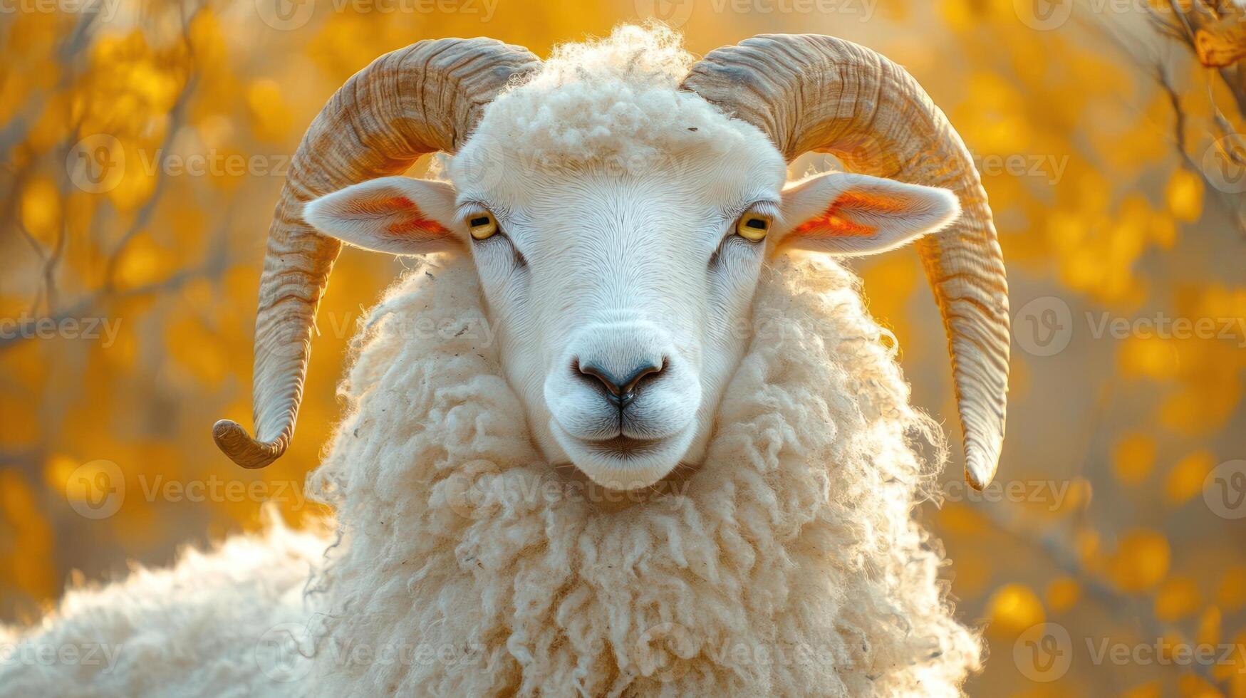 A close-up of a sheep's face with large horns. photo