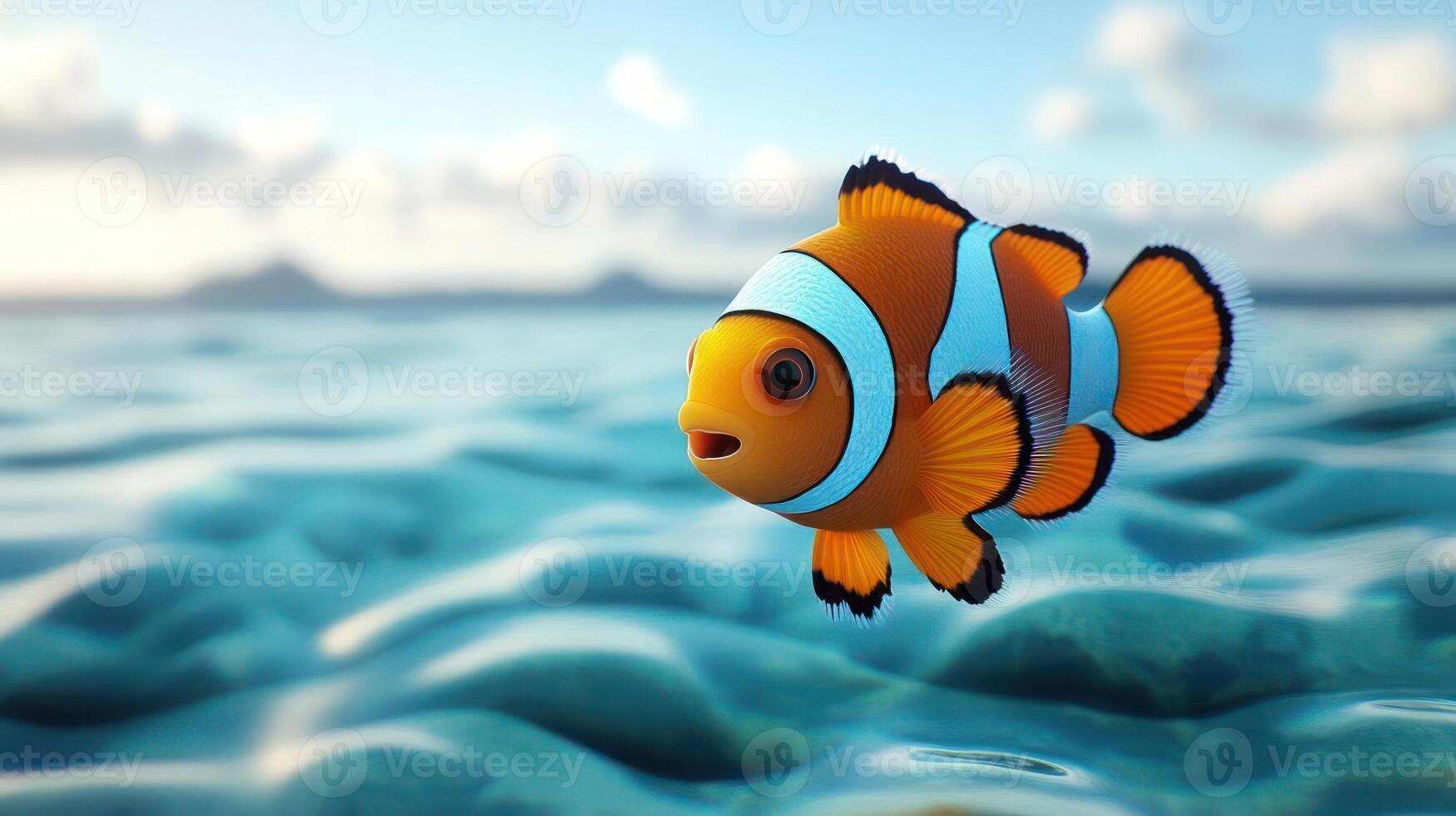 A cartoon fish swimming over a blue ocean background photo