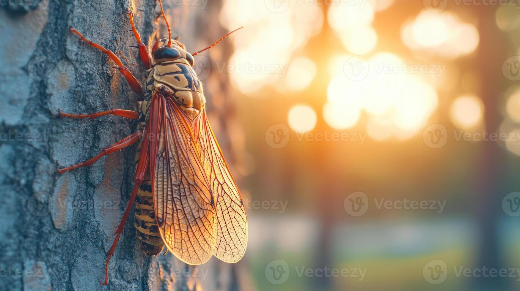 A close-up of a giant wasp perched on tree bark photo