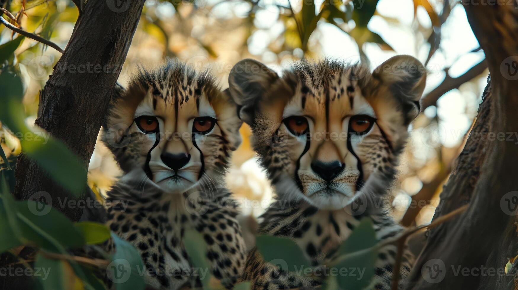 Two Cheetahs Peeking Out From Tree Branches photo