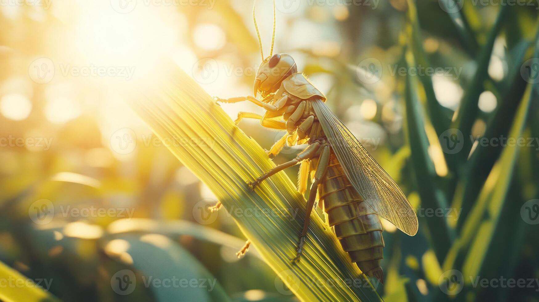 Close-up of a grasshopper perched on a blade of grass photo