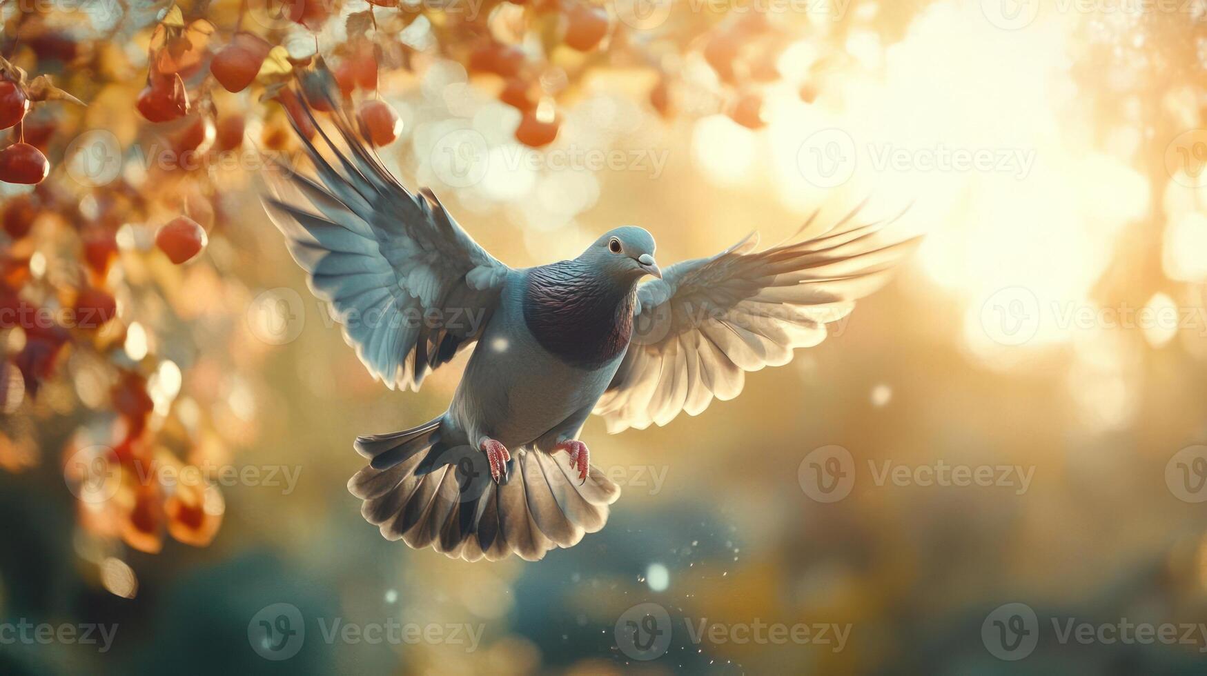A dove flying over a tree with red berries photo