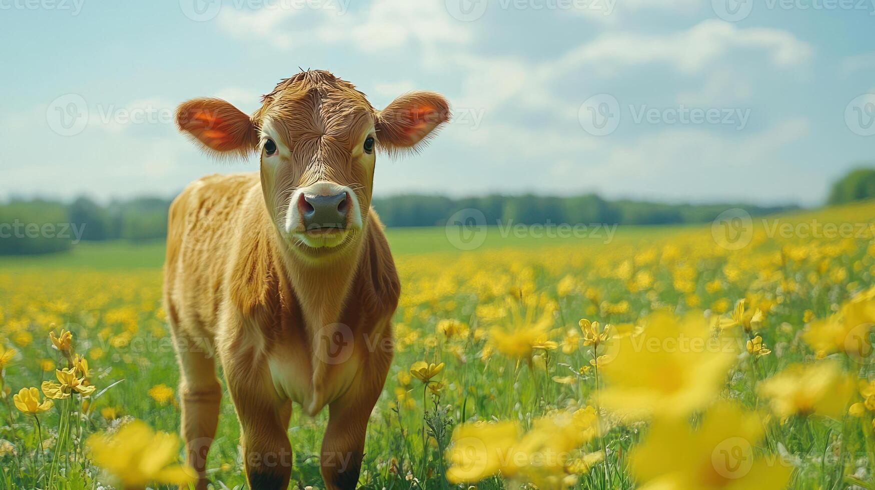 A small brown calf standing amidst a field of yellow flowers photo