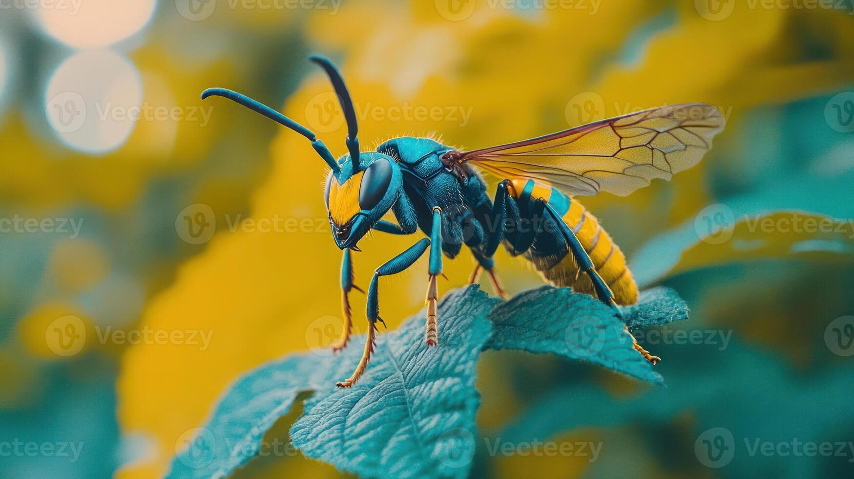 A blue and yellow wasp perched on top of a plant photo