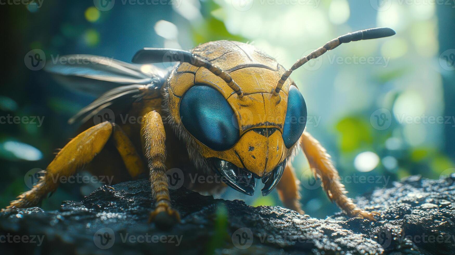 A large yellow and black bee on a rock photo