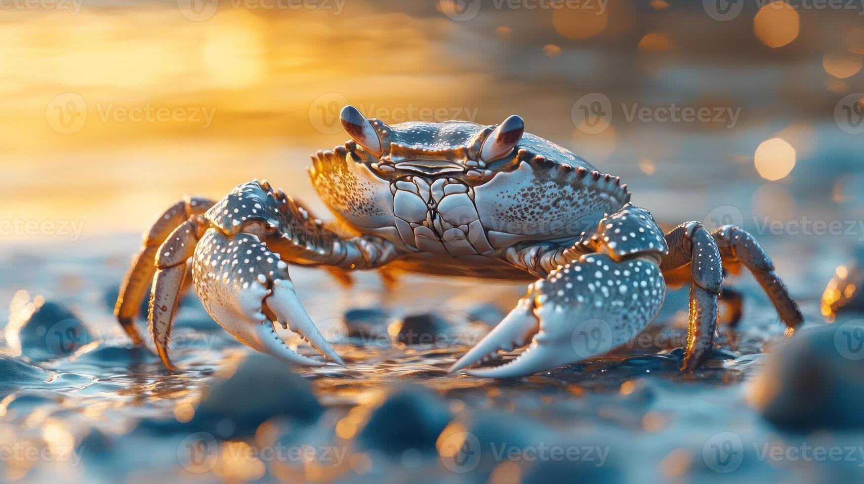 A close-up of a blue crab with large claws. photo
