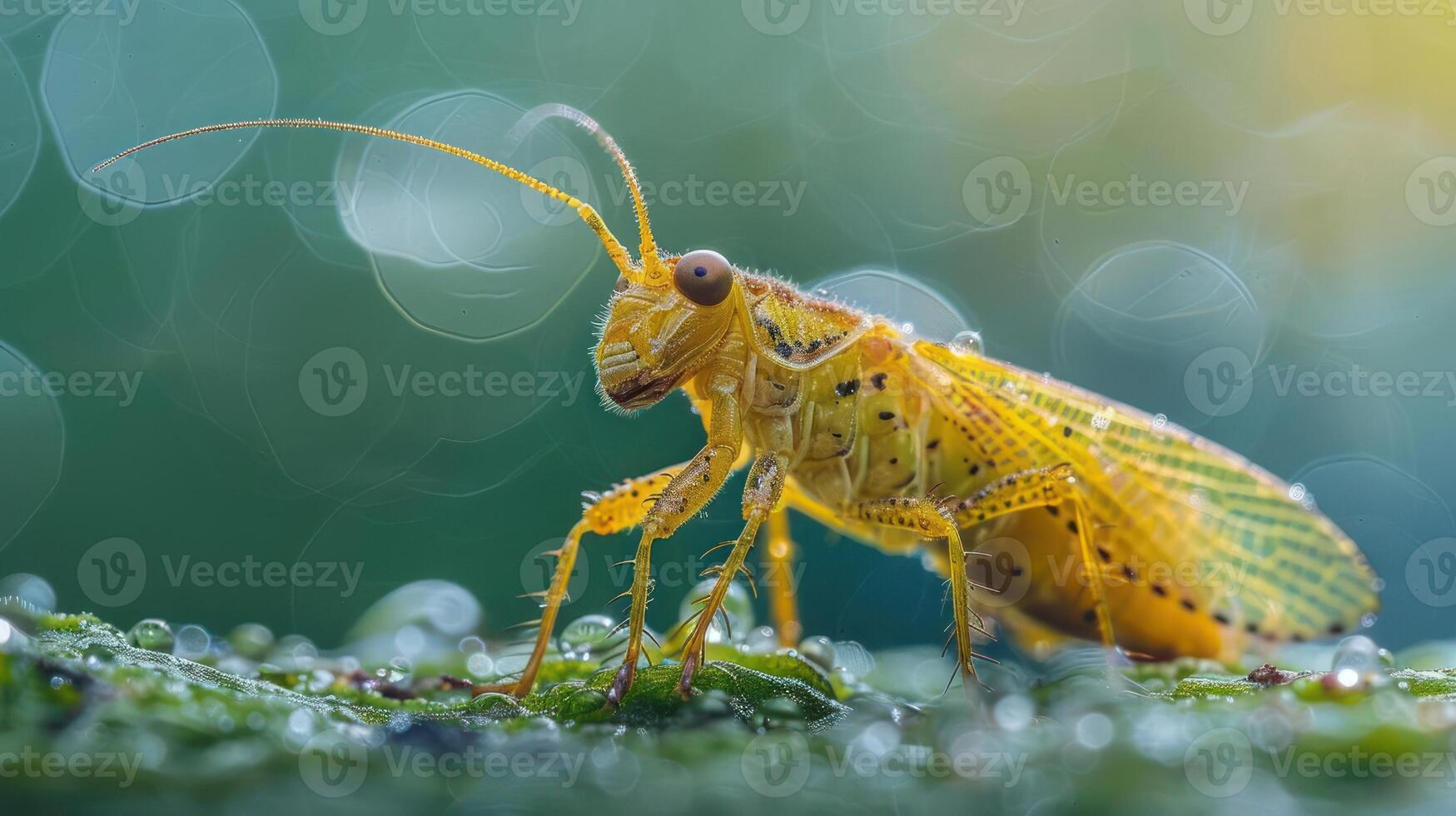 Close-up of a yellow insect on green grass photo