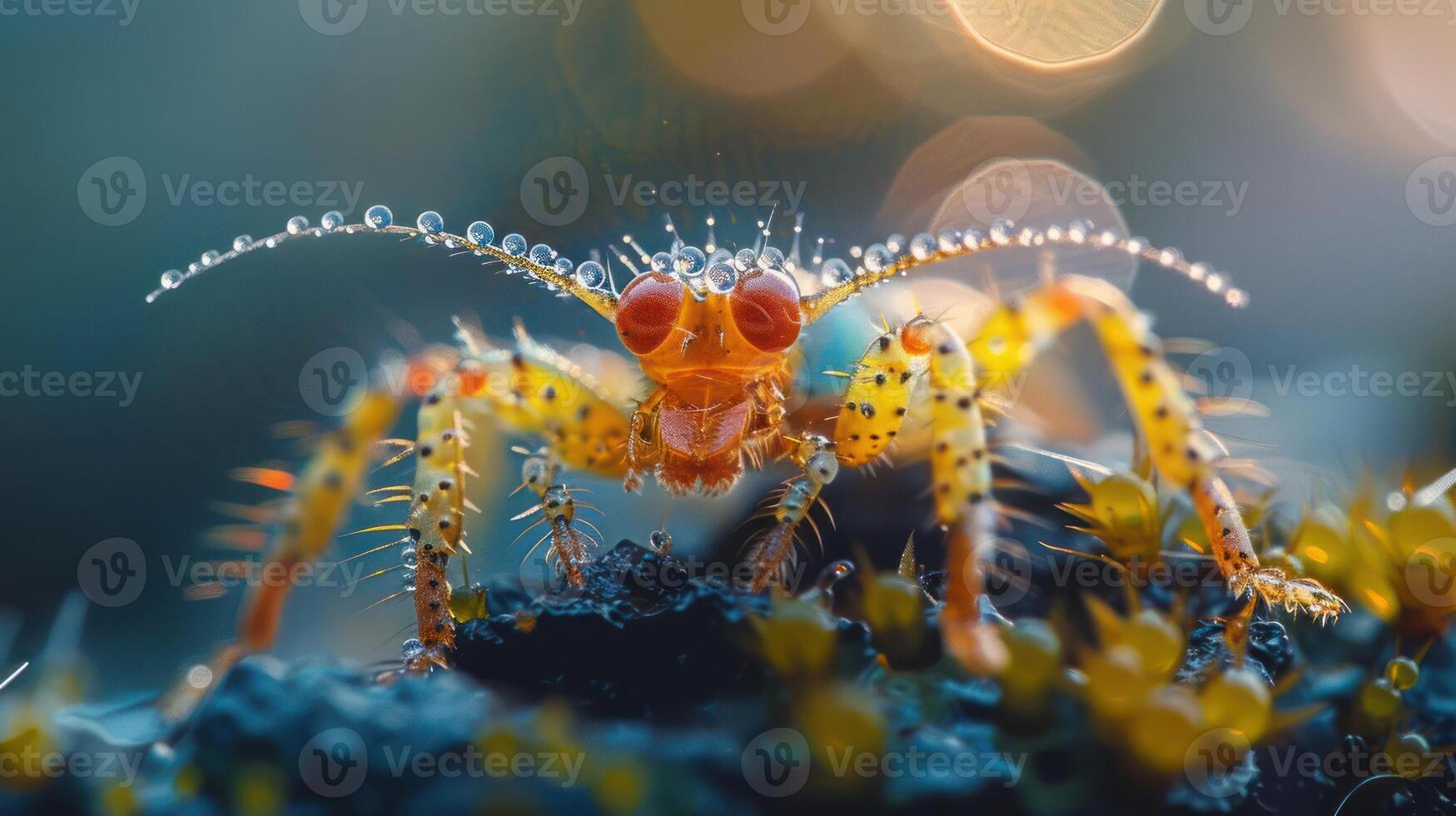 A close-up photo of a tiny insect covered in water droplets