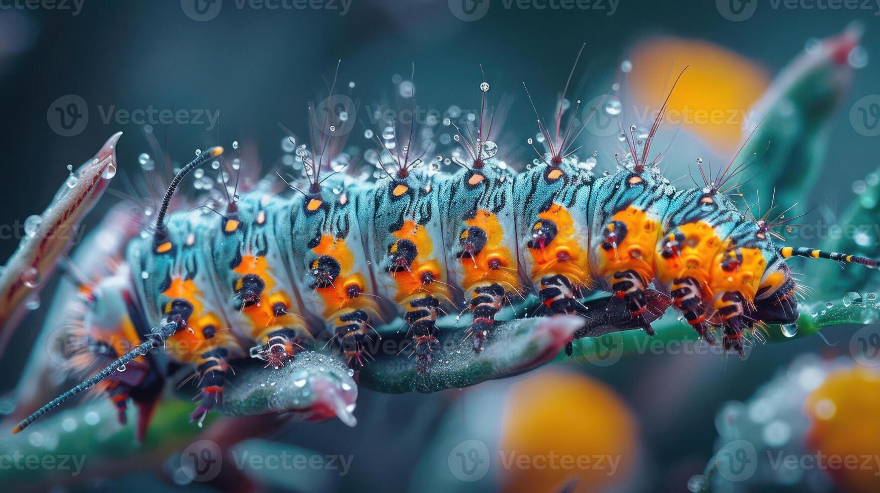 Close-up of a colorful caterpillar on a branch. photo