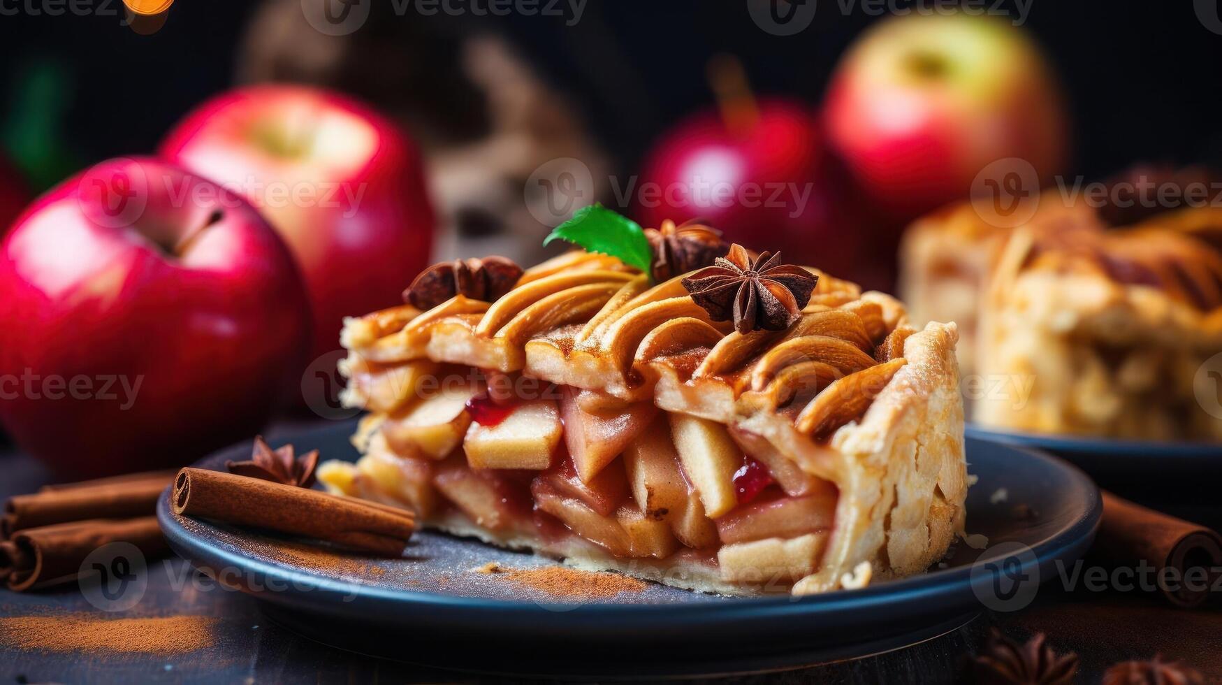 A slice of apple pie on a plate with cinnamon sticks and apples photo