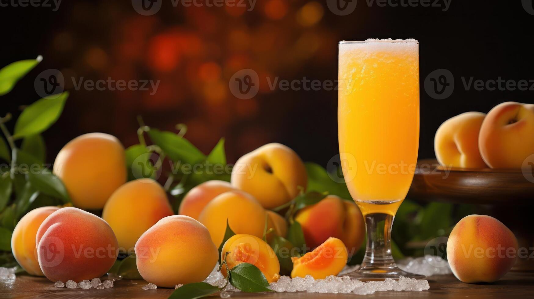 Glass of peach smoothie with peaches and leaves around it photo
