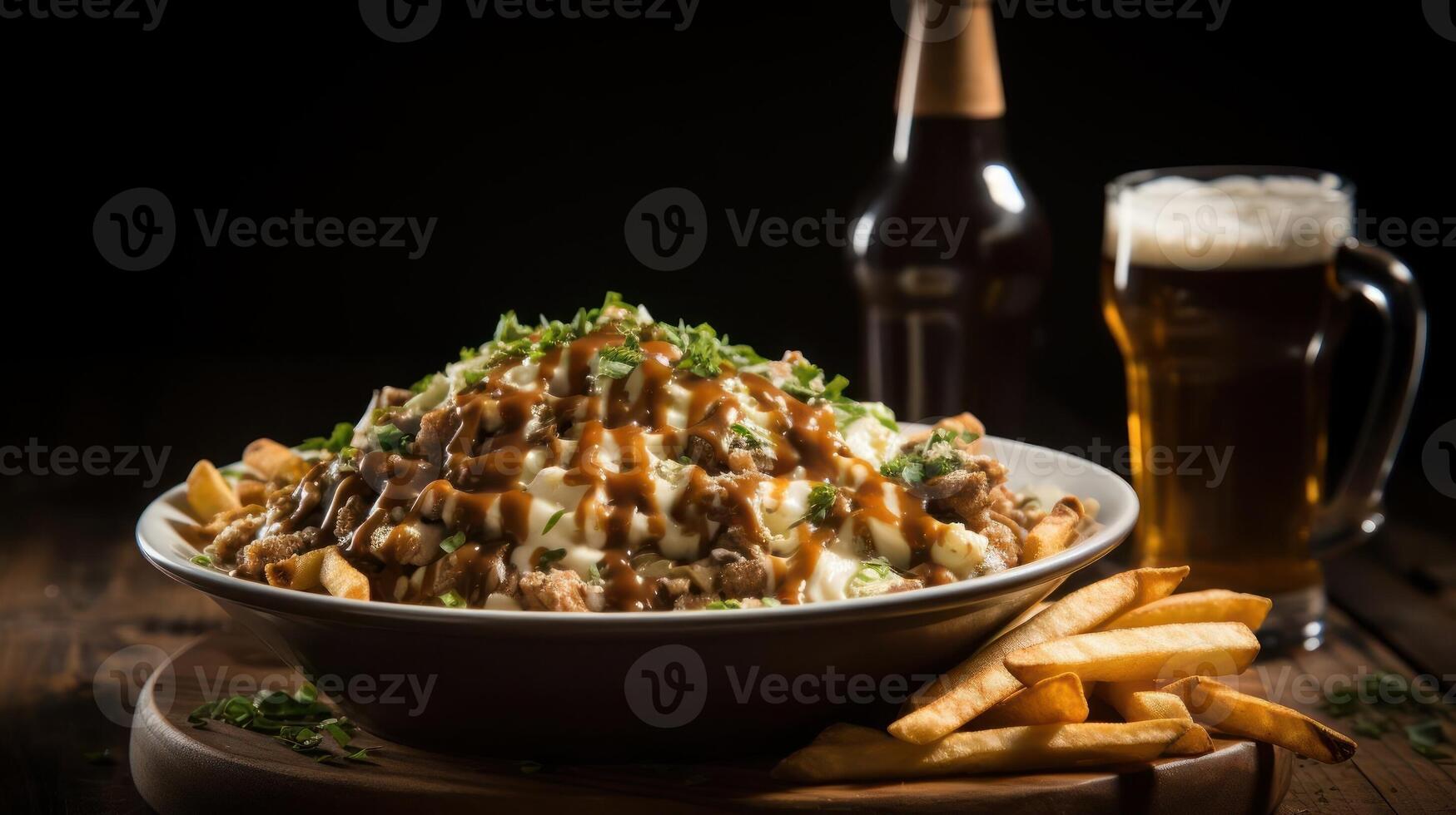 A bowl of poutine topped with cheese curds and gravy photo