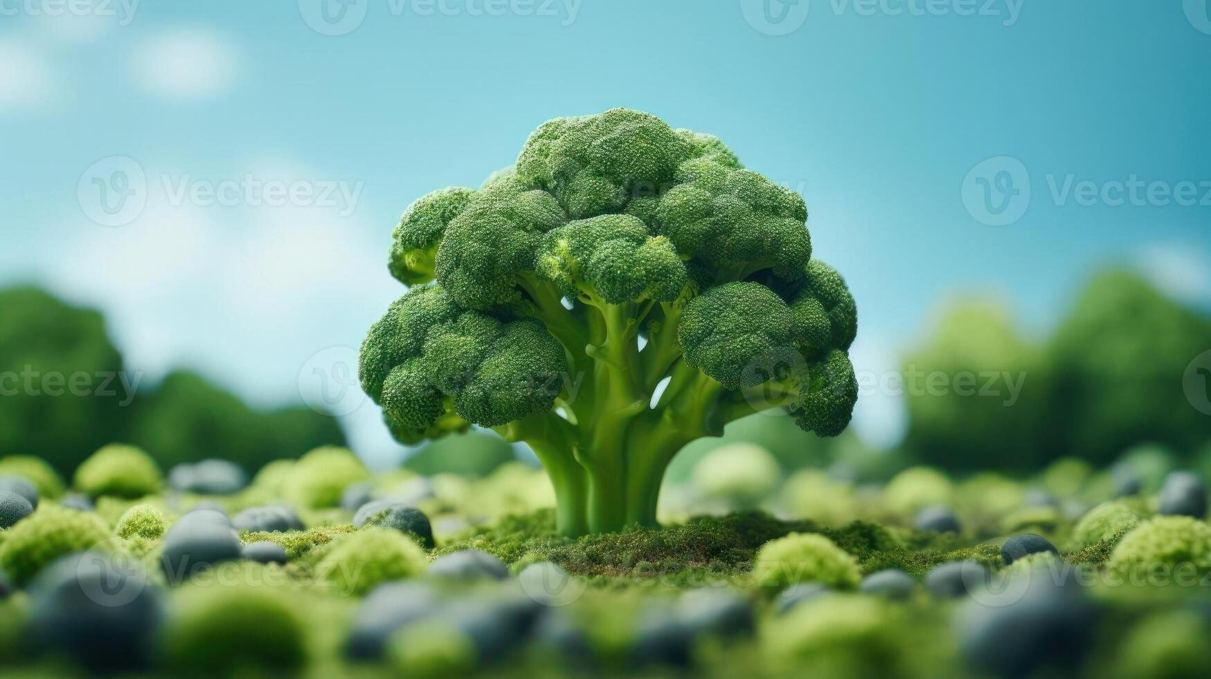 A single broccoli stalk on a field of green photo