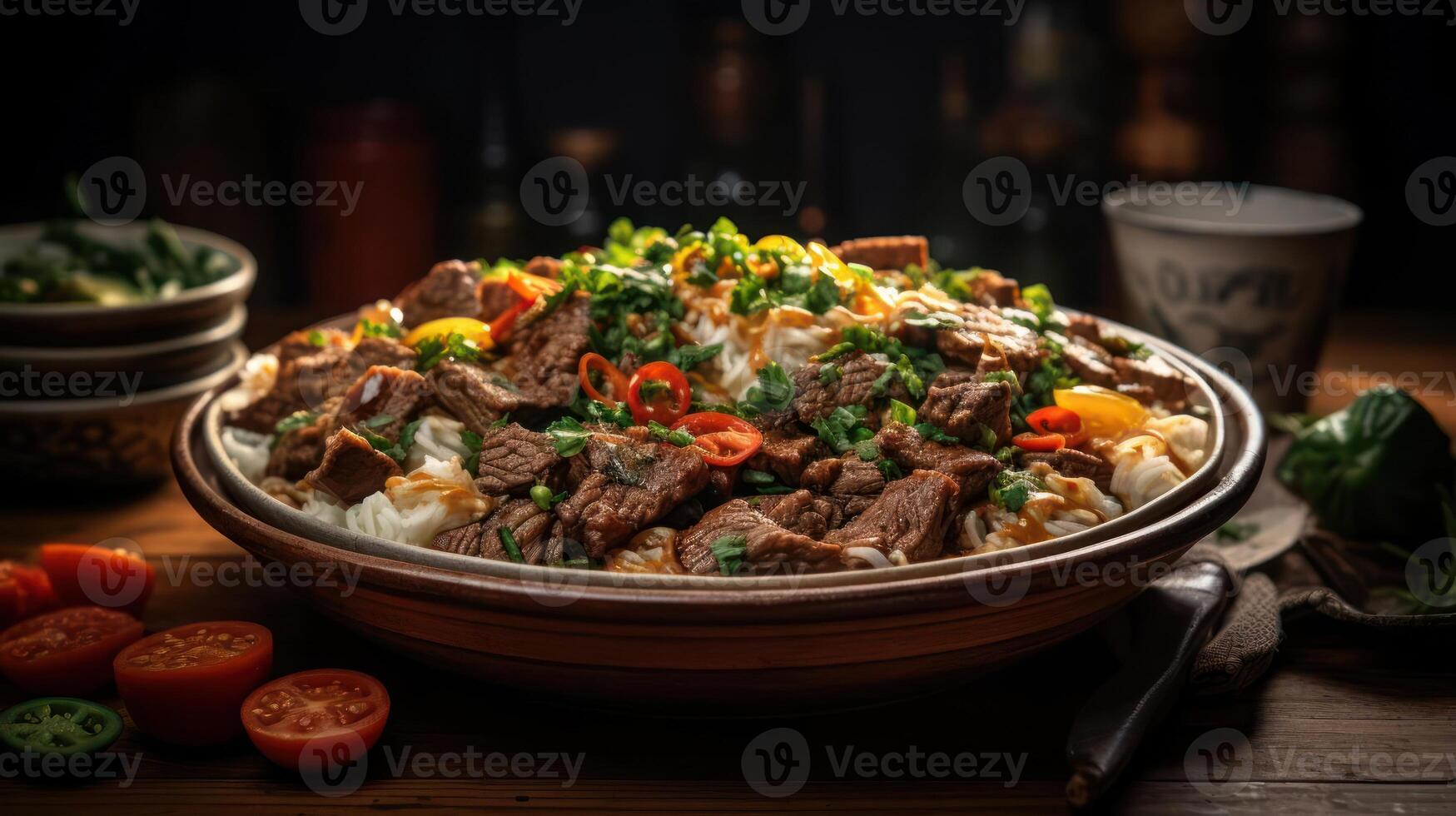 A large bowl of beef and noodles with vegetables photo