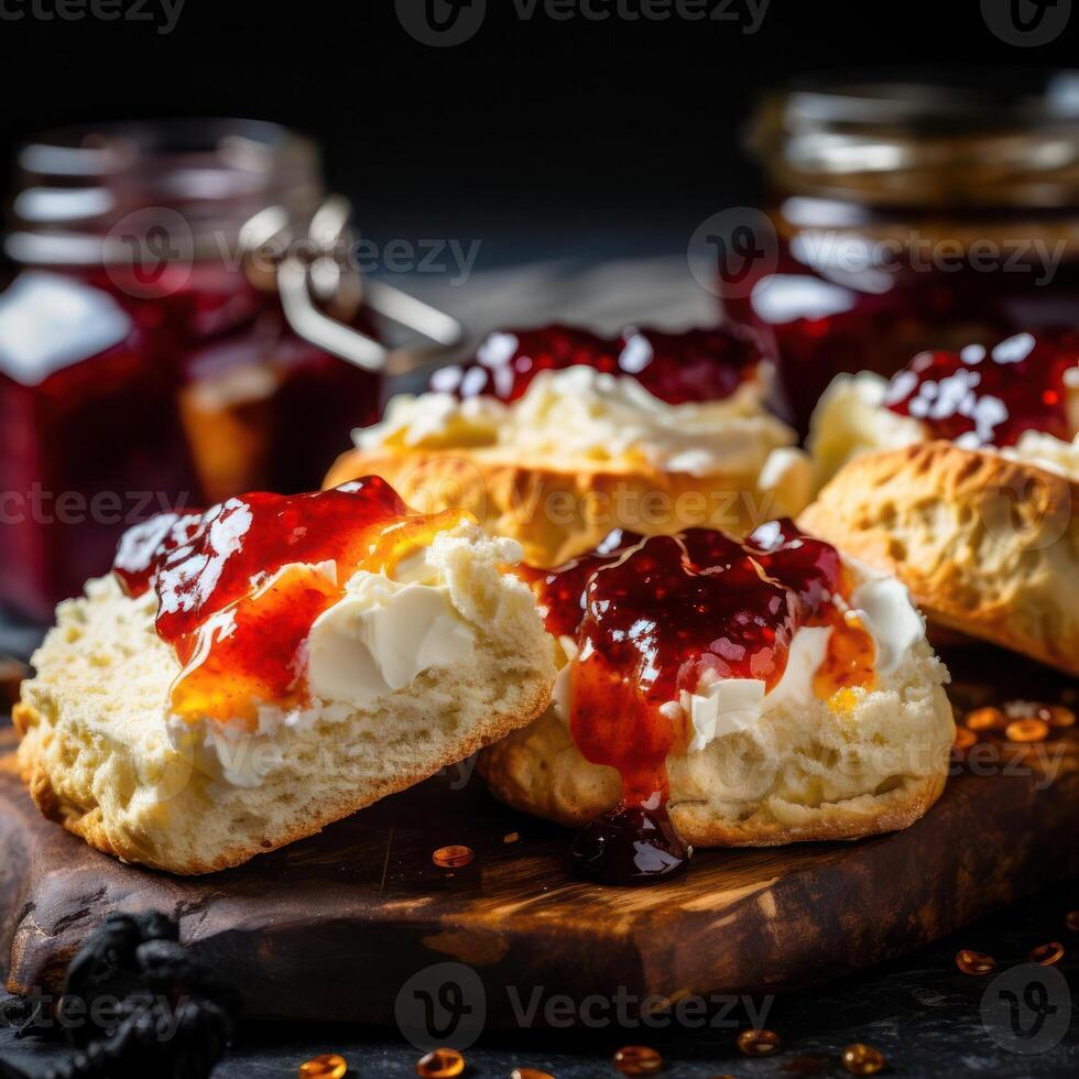 Freshly baked scones with jam and cream on top photo