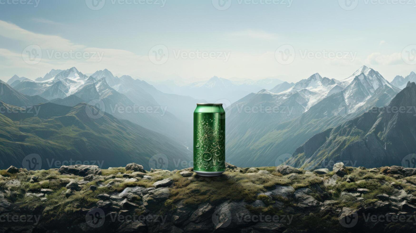 A green soda can on a grassy hill overlooking mountains photo