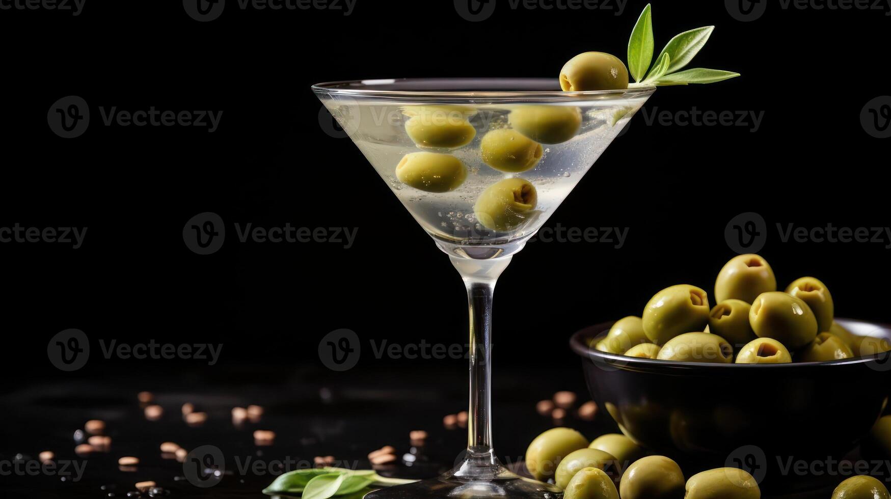 A clear martini glass with green olives and a black background. photo