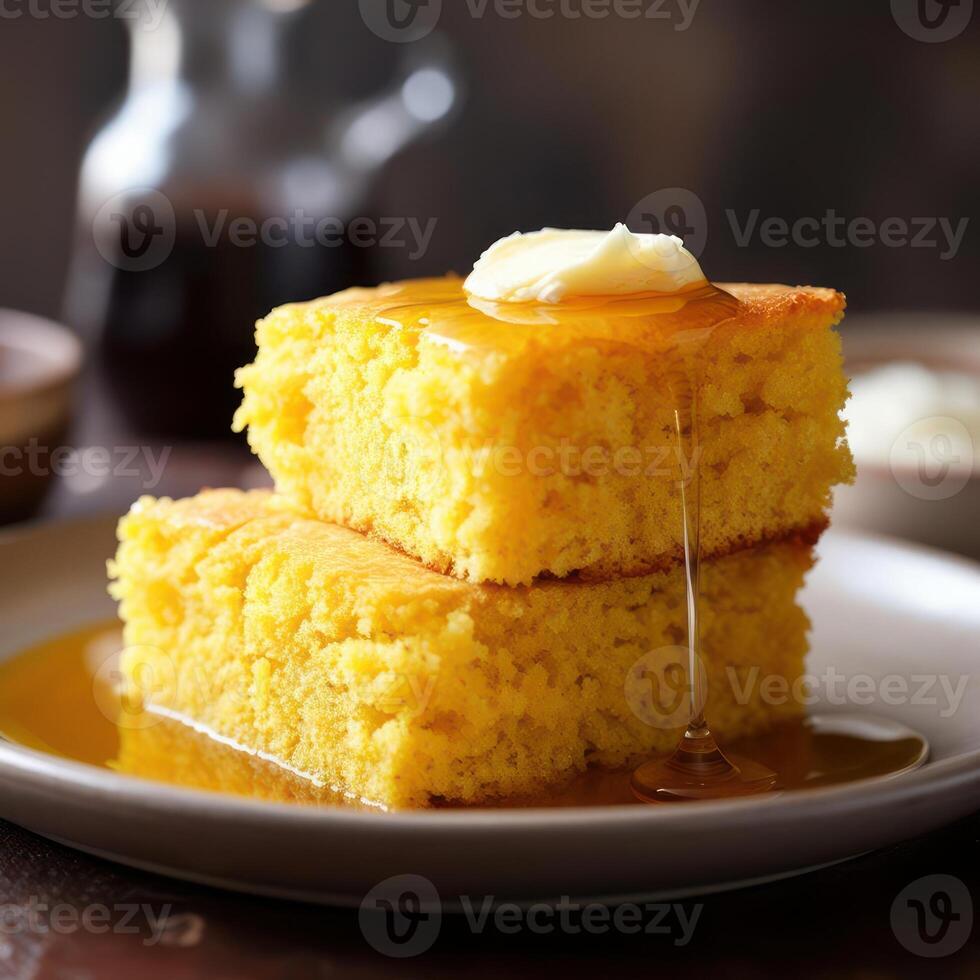 Cornbread with butter and syrup photo
