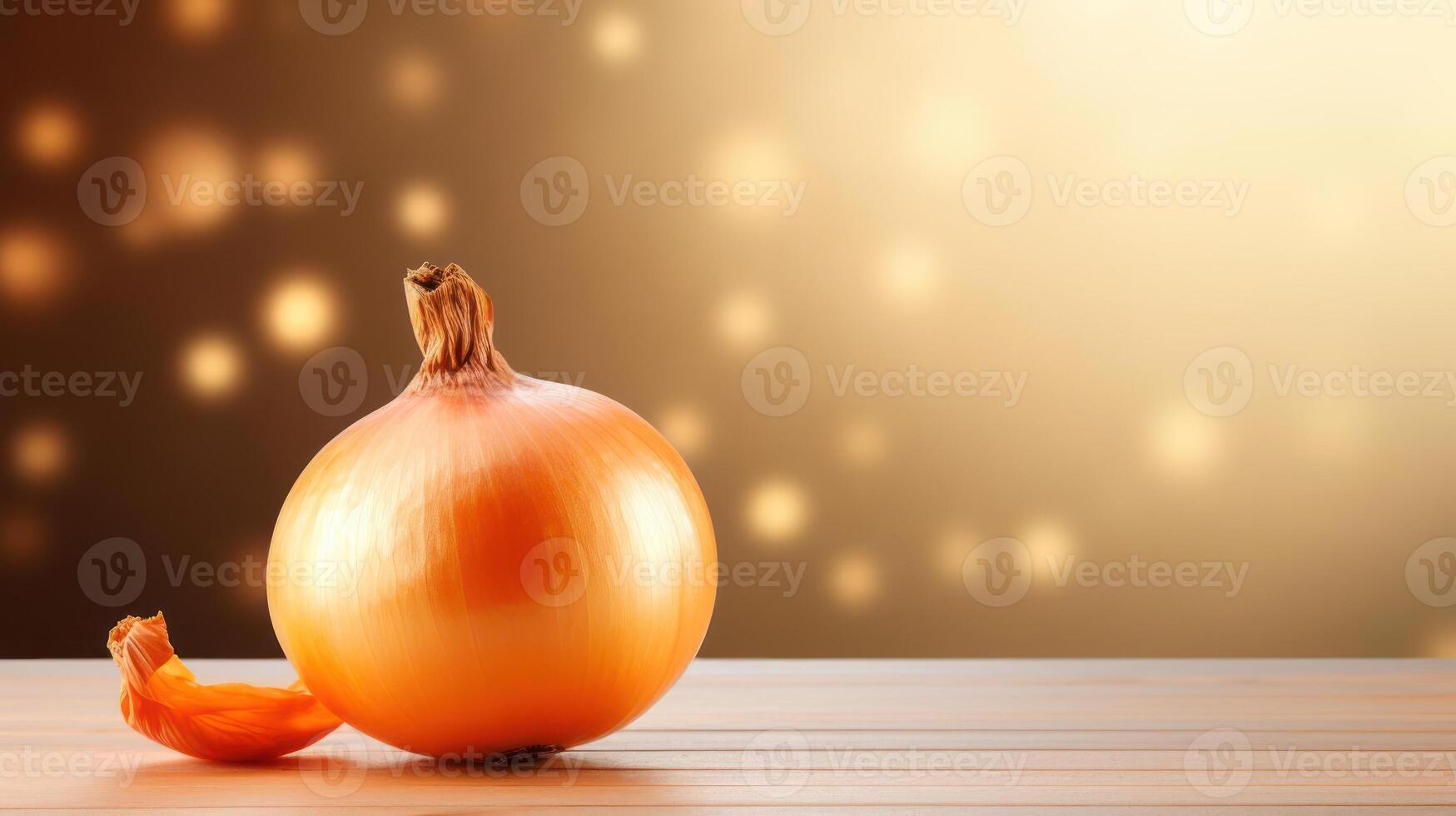 A whole onion on a wooden table. photo