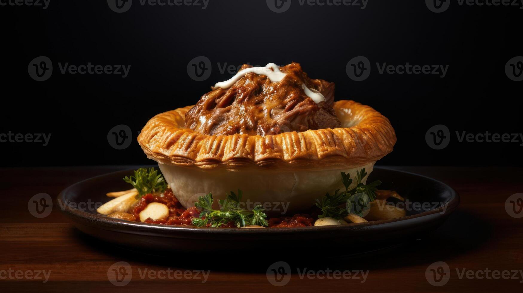 A savory steak and ale pie in a golden brown crust photo