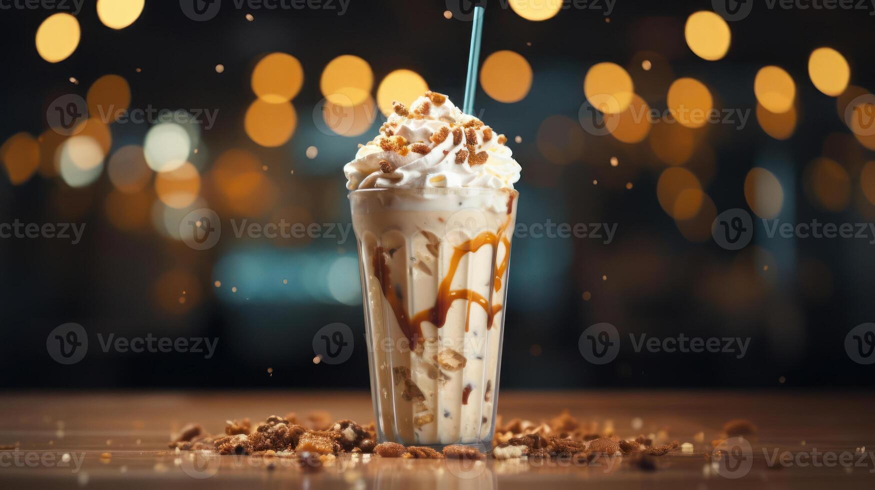 A tall glass of creamy milkshake with whipped cream and a straw. photo