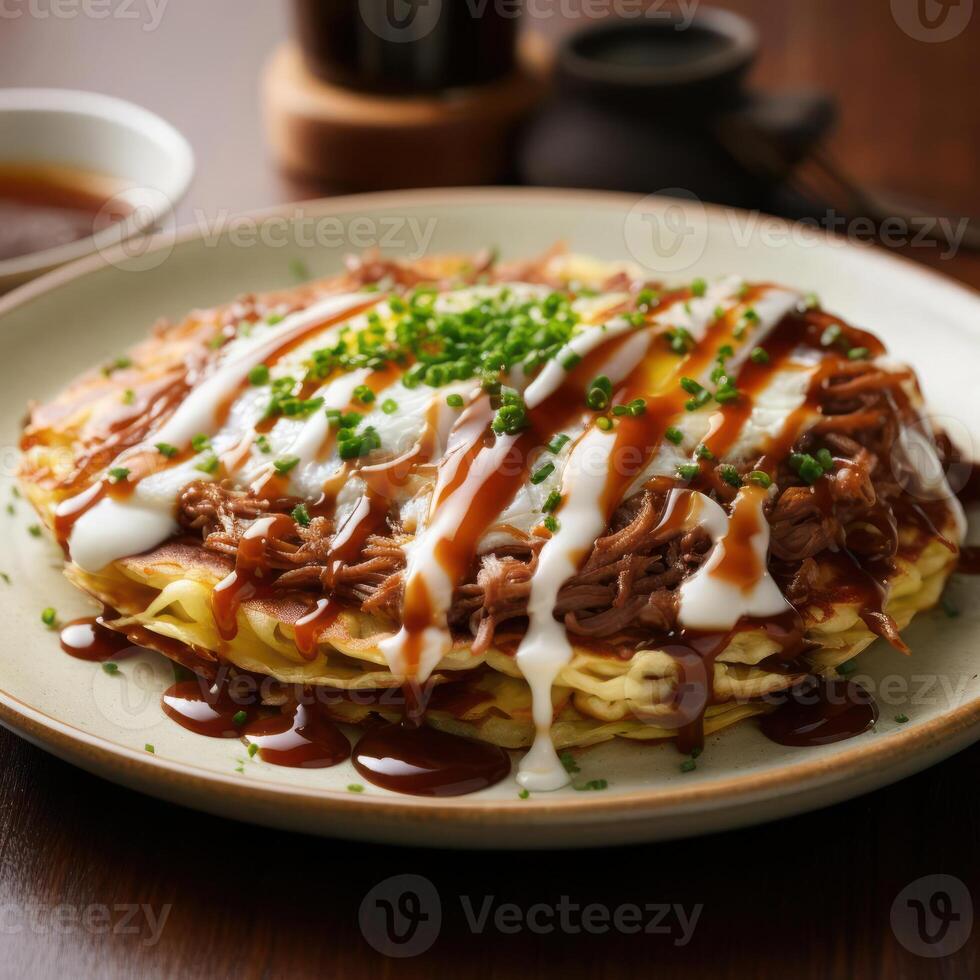 Japanese savory pancake topped with pulled pork and sauce photo
