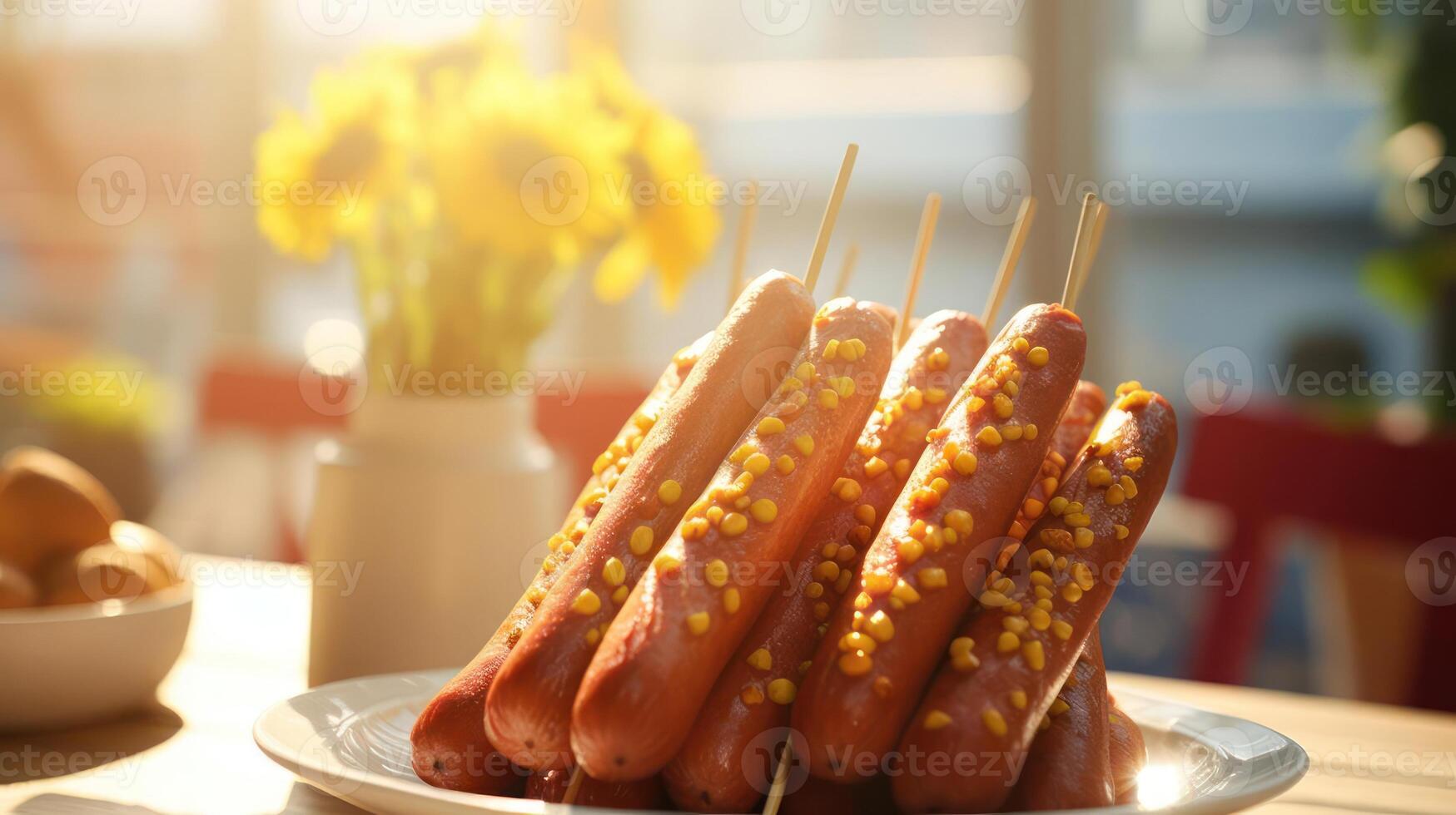 A plate of hot dogs with mustard and ketchup. photo