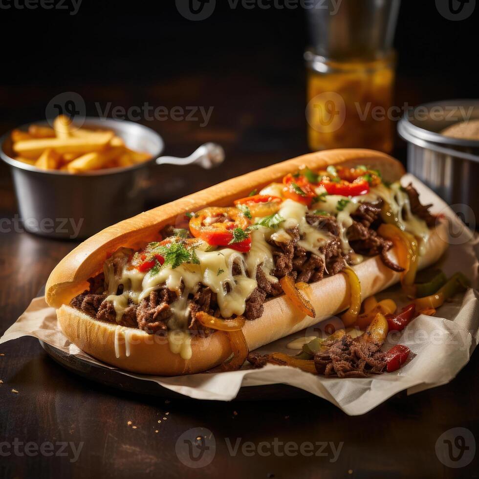 A Philly Cheesesteak Sandwich with melted cheese and peppers photo