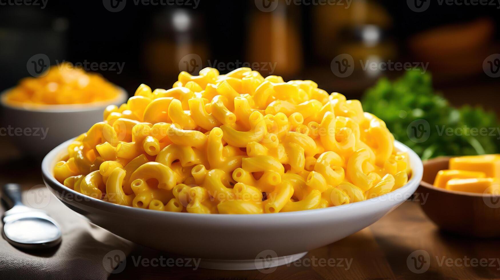 A large bowl of macaroni and cheese on a wooden table photo