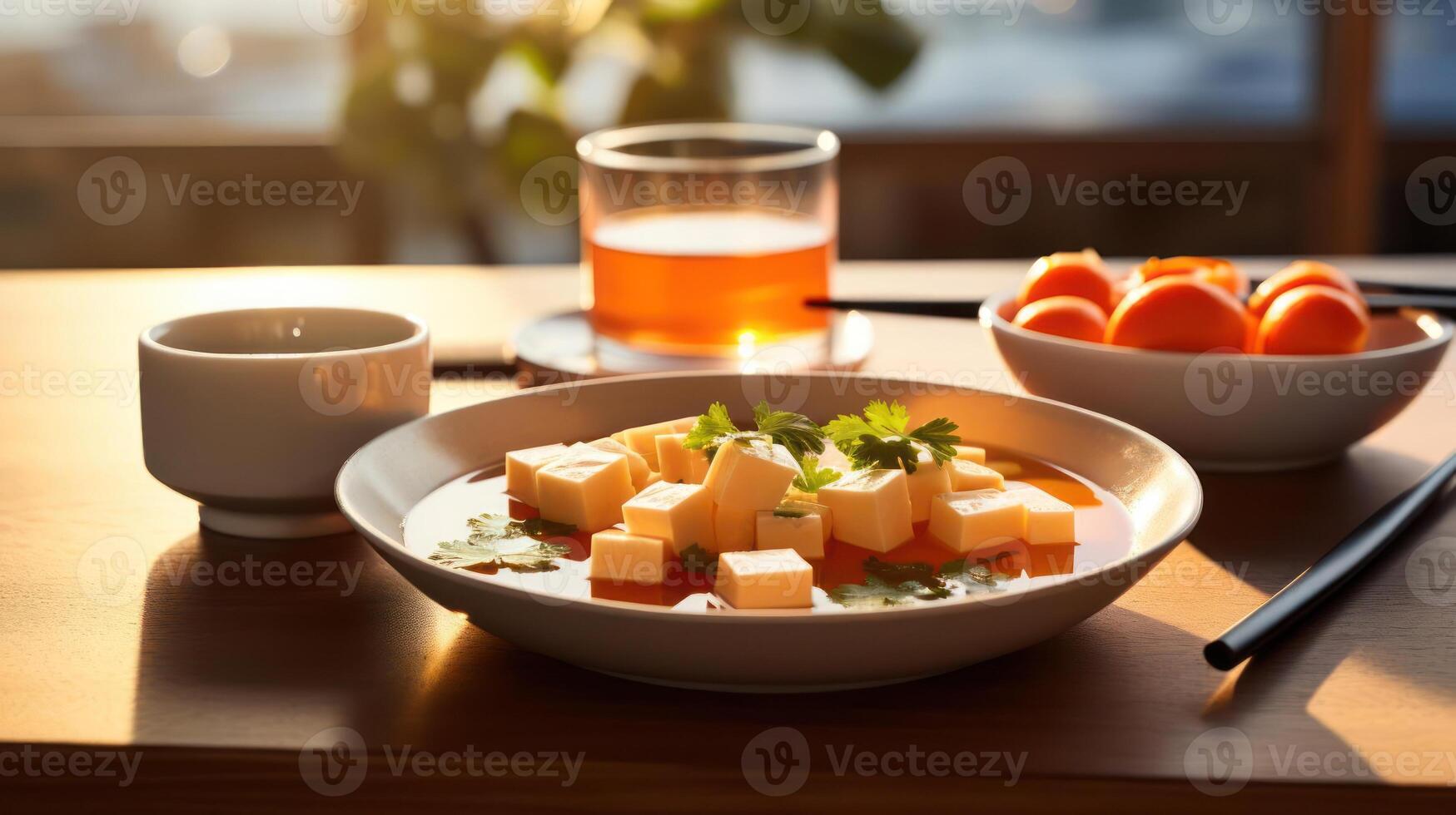 Tofu and fruit on a table with chopsticks photo