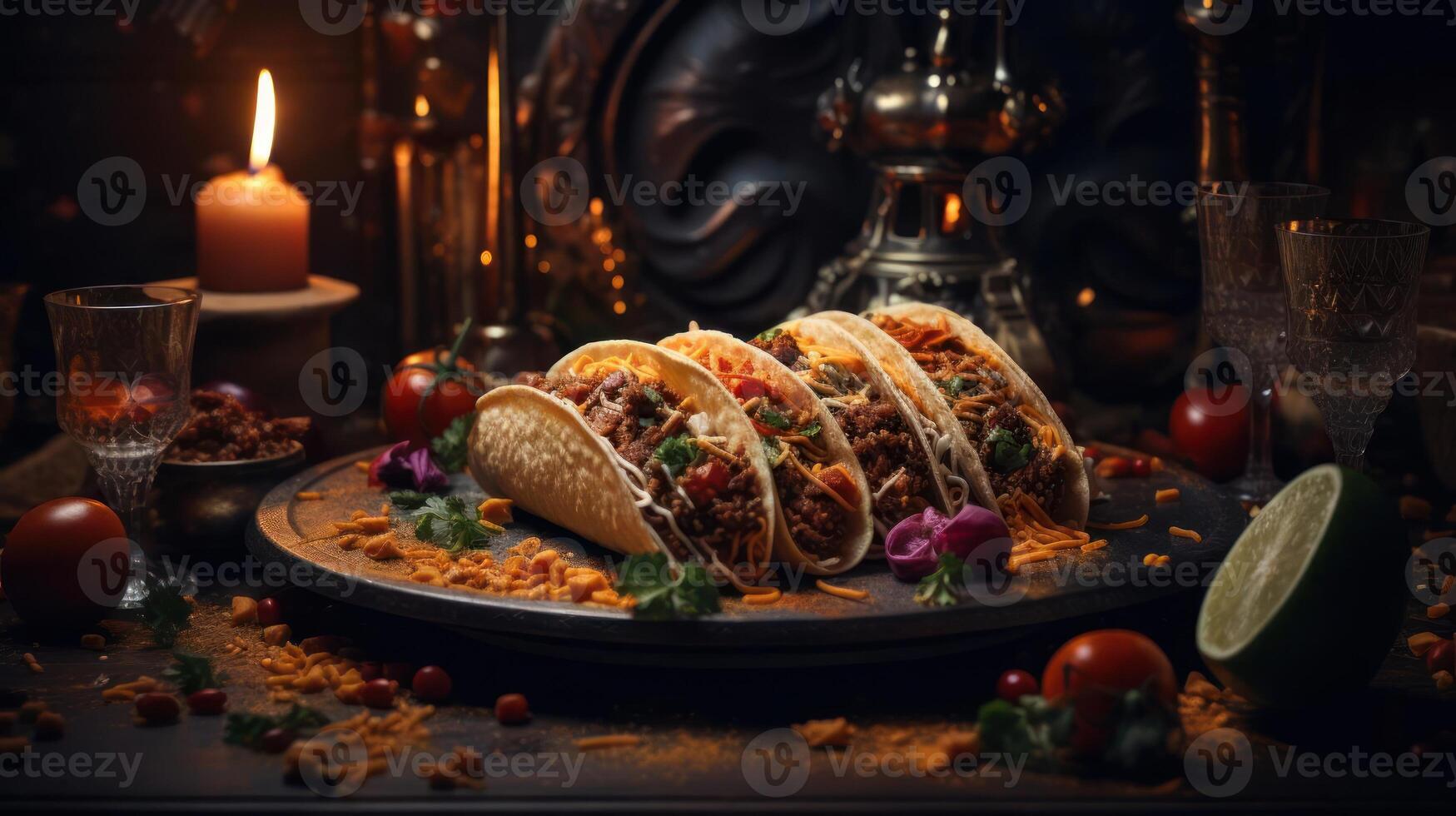 A platter of tacos with various toppings and a glass of wine. photo