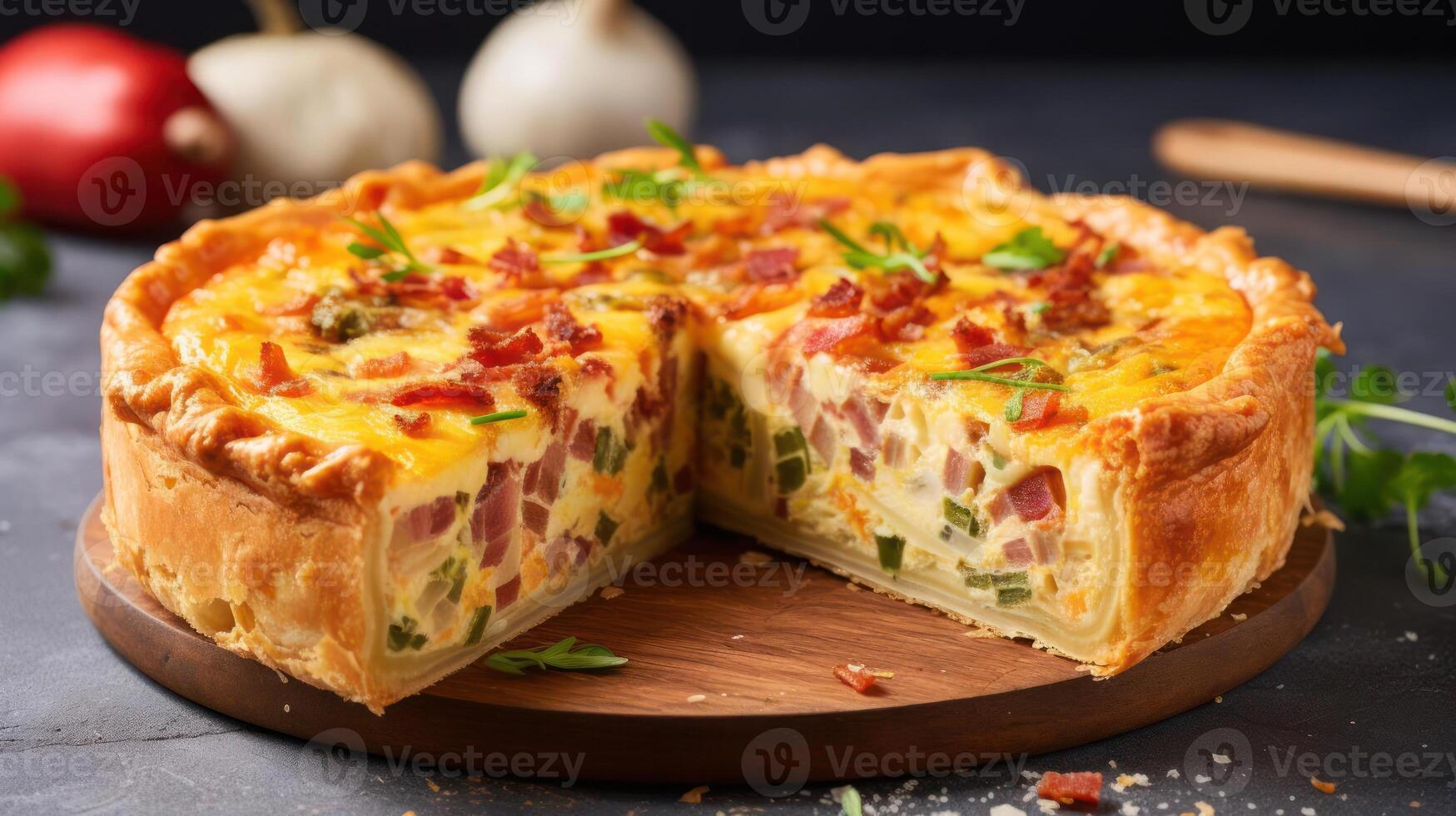 A quiche with a golden crust and filling visible photo