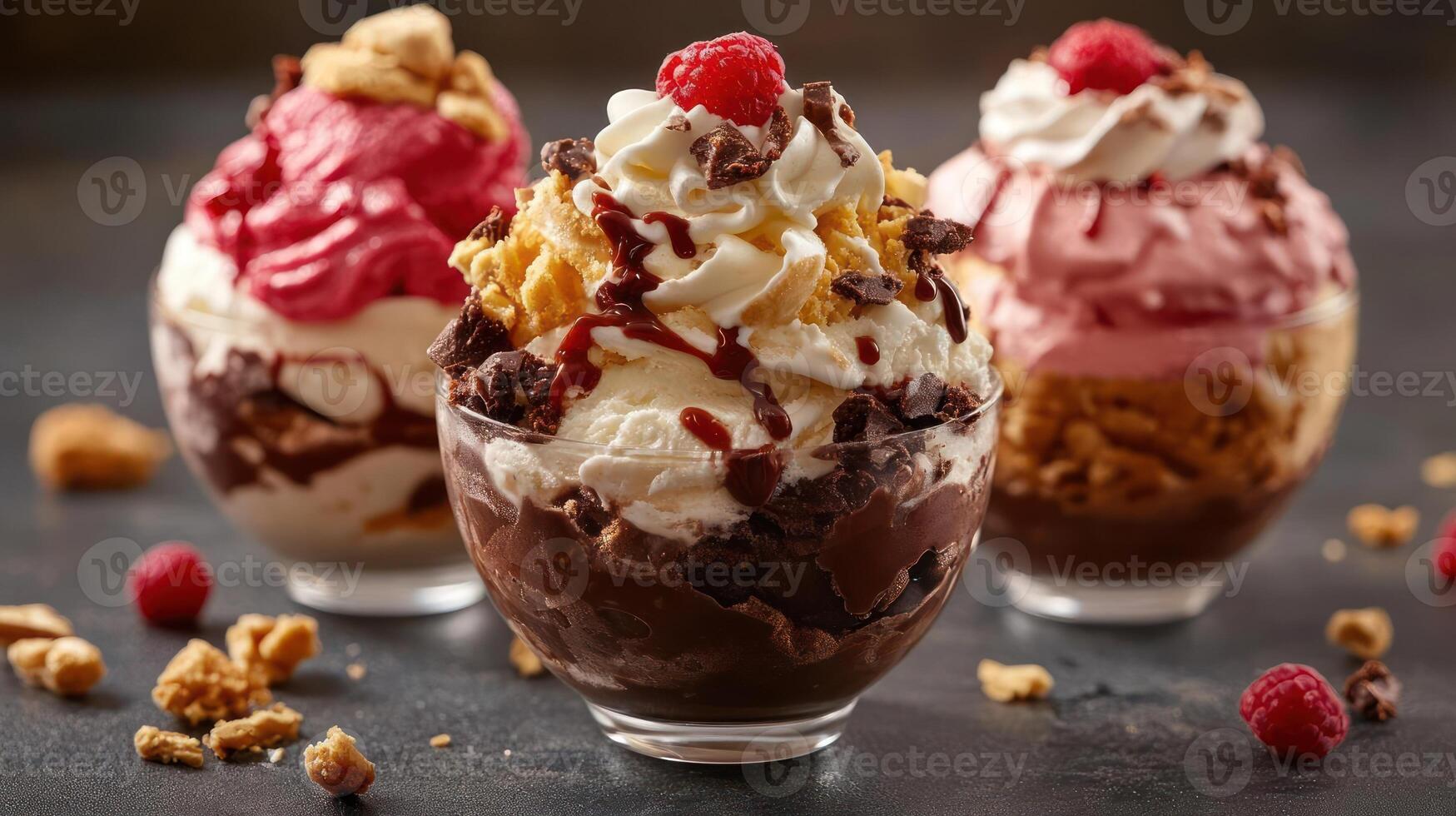 Three sundaes with whipped cream and toppings. photo