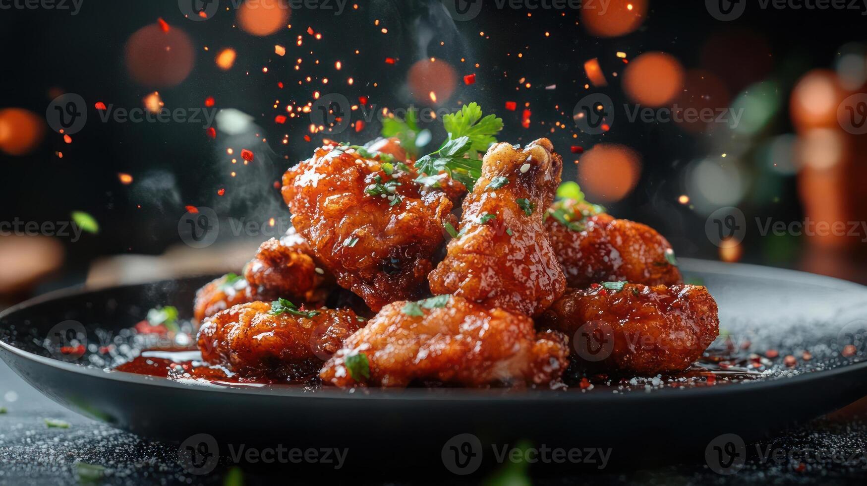 Chicken wings on a plate with sauce and garnish photo