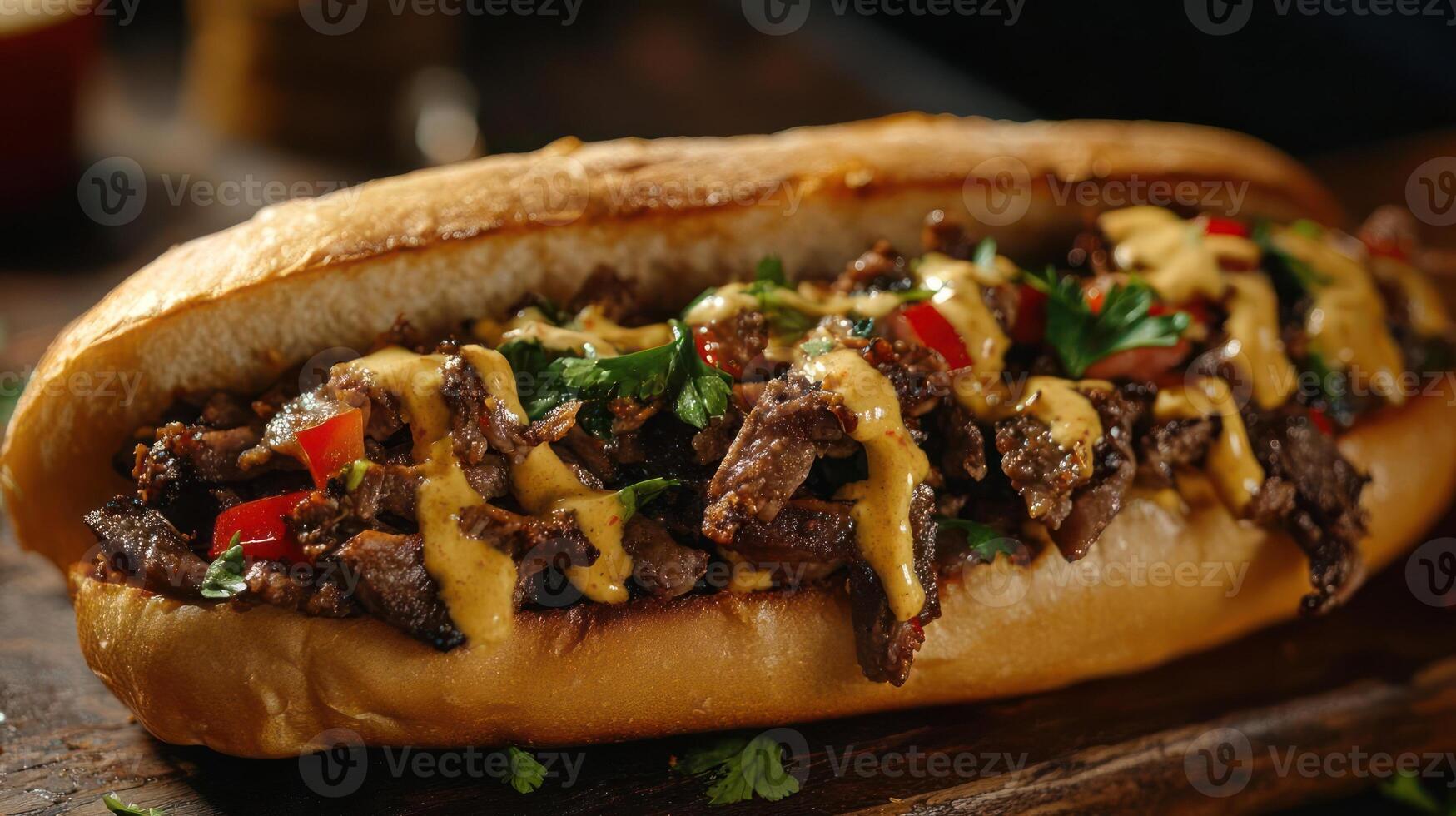 A close-up shot of a cheesesteak sandwich on a wooden table photo