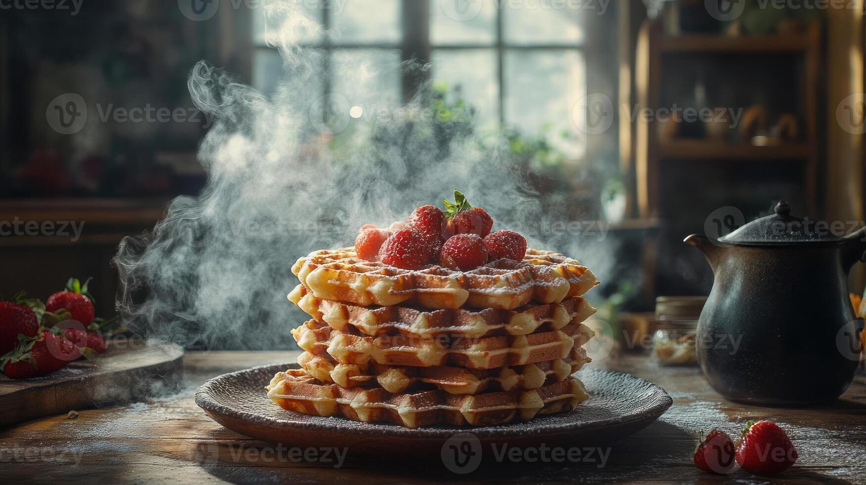 Stack of waffles with strawberries and powdered sugar on top photo