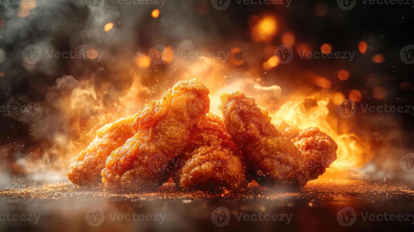 Close-up of spicy chicken wings with fire photo