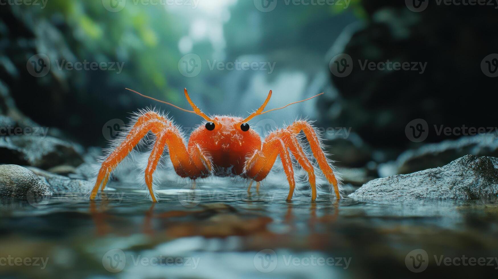 A bright orange crab on rocks in a stream. photo