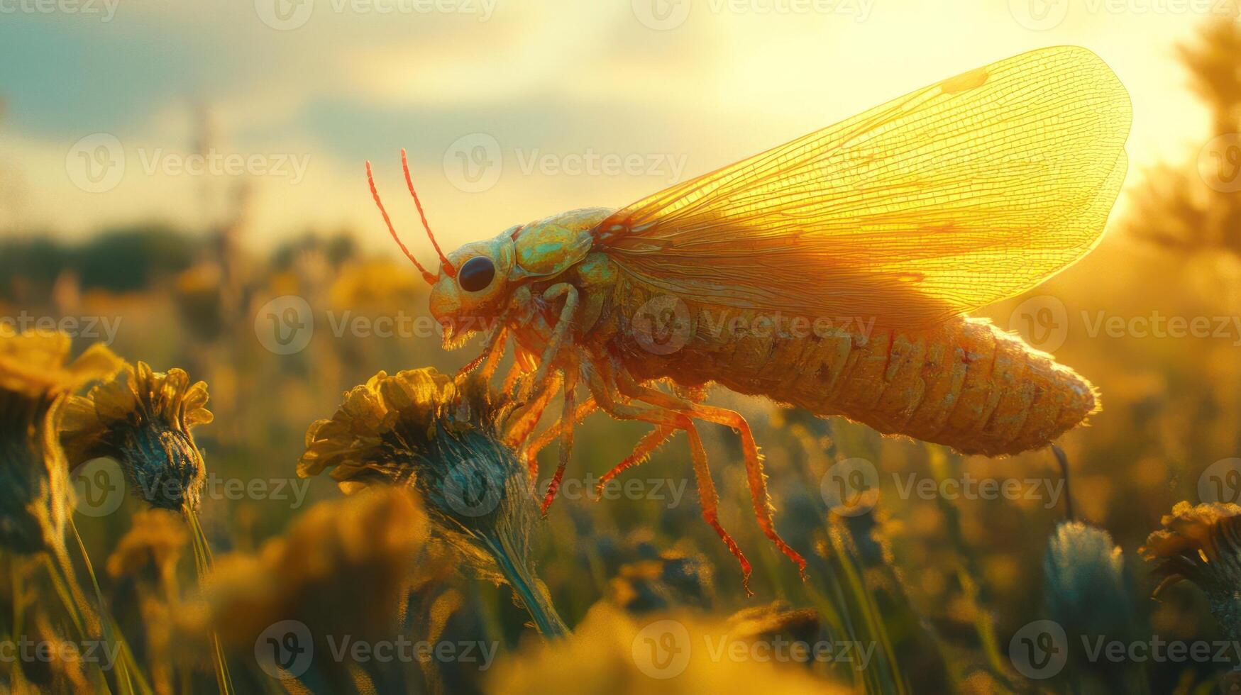 Close-up of a large insect in a field during sunset photo