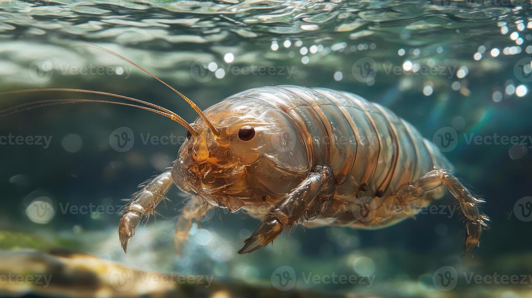 Underwater view of a crustacean swimming in water photo