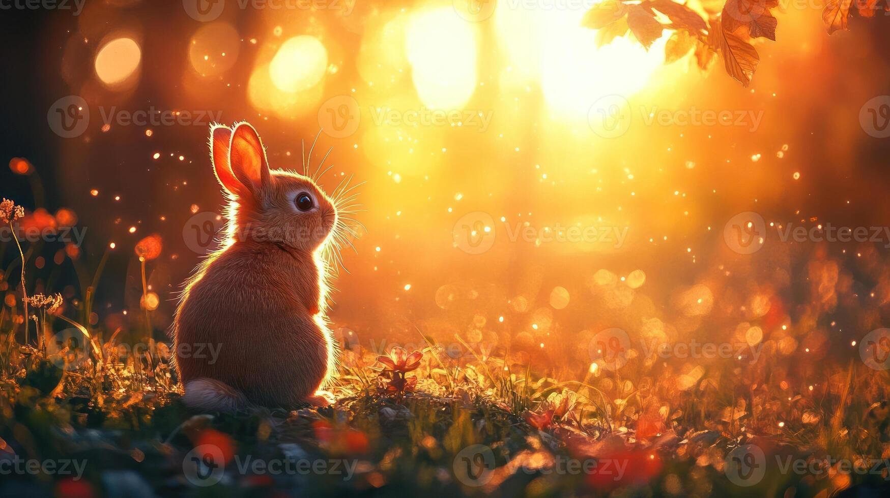 A rabbit sitting in a field at sunset. photo