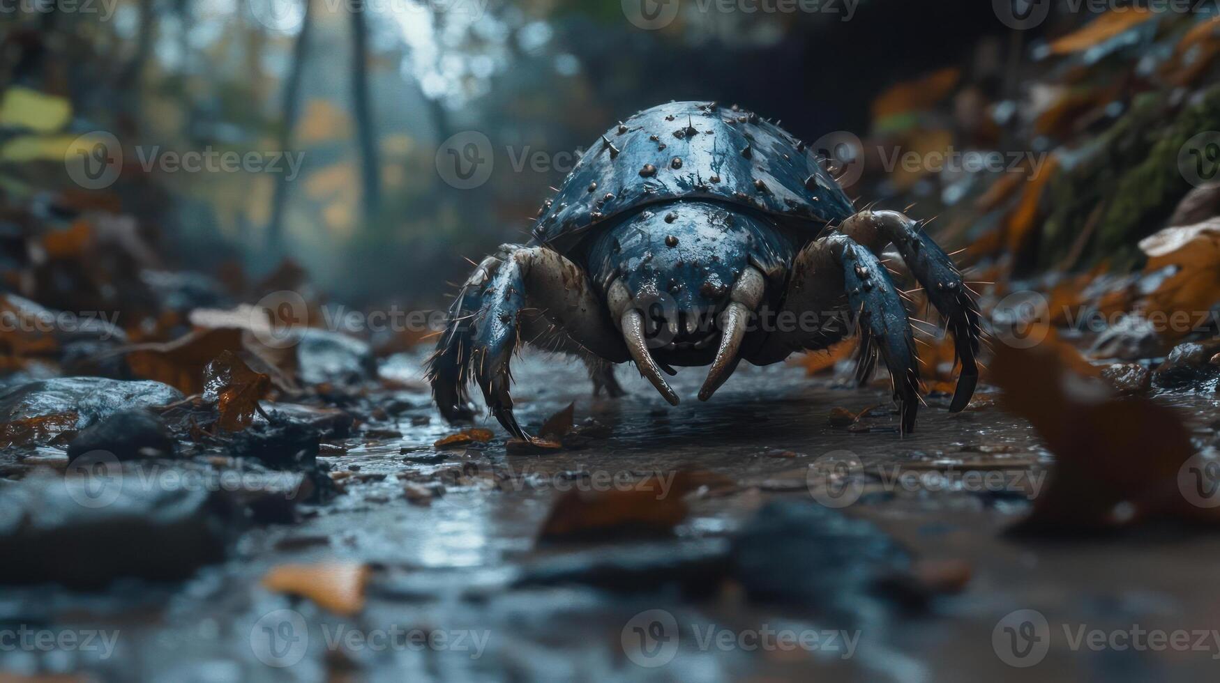 A large beetle crab with blue shell and sharp claws in a forest photo