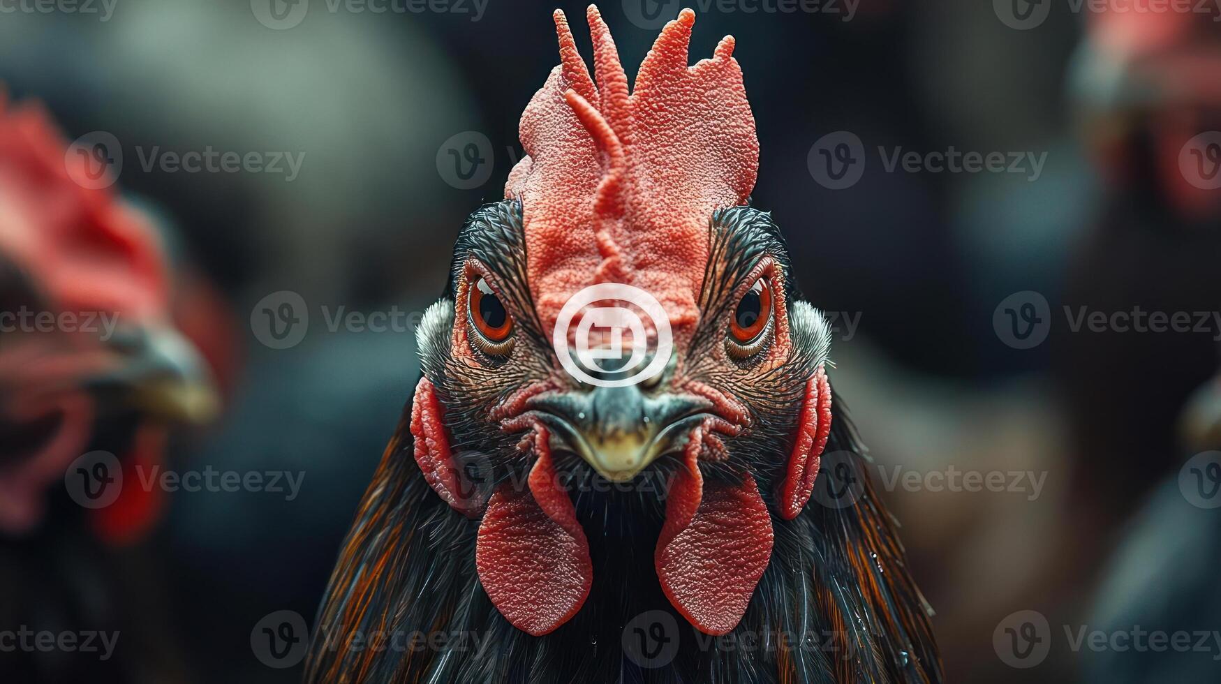 A close-up of a chicken's face with a watermark photo