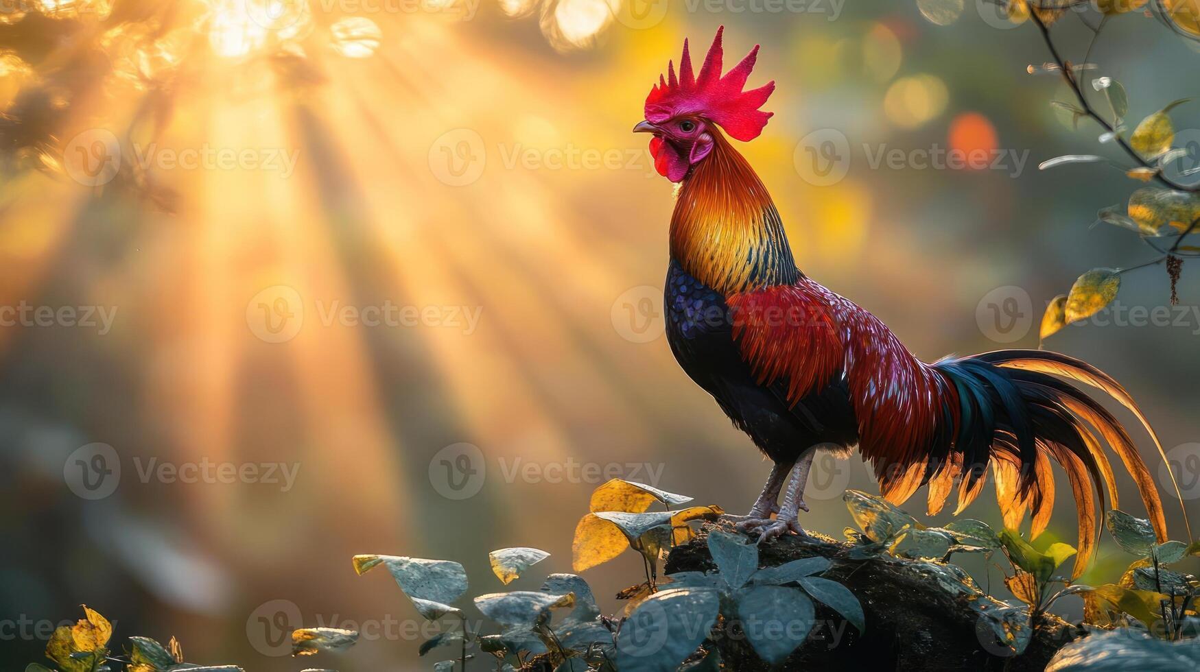 A rooster with a vibrant red comb and long tail feathers. photo